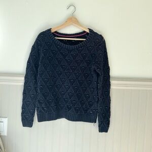 Y2K Tommy Hilfiger Medium Navy Blue Textured Crew Neck Open Knit Sweater